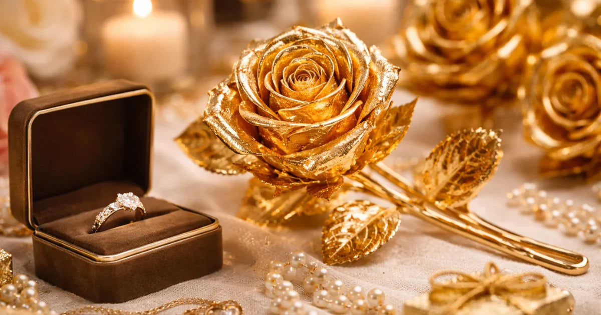 24K gold-plated rose with engagement ring in velvet box, romantic luxury gift setting
