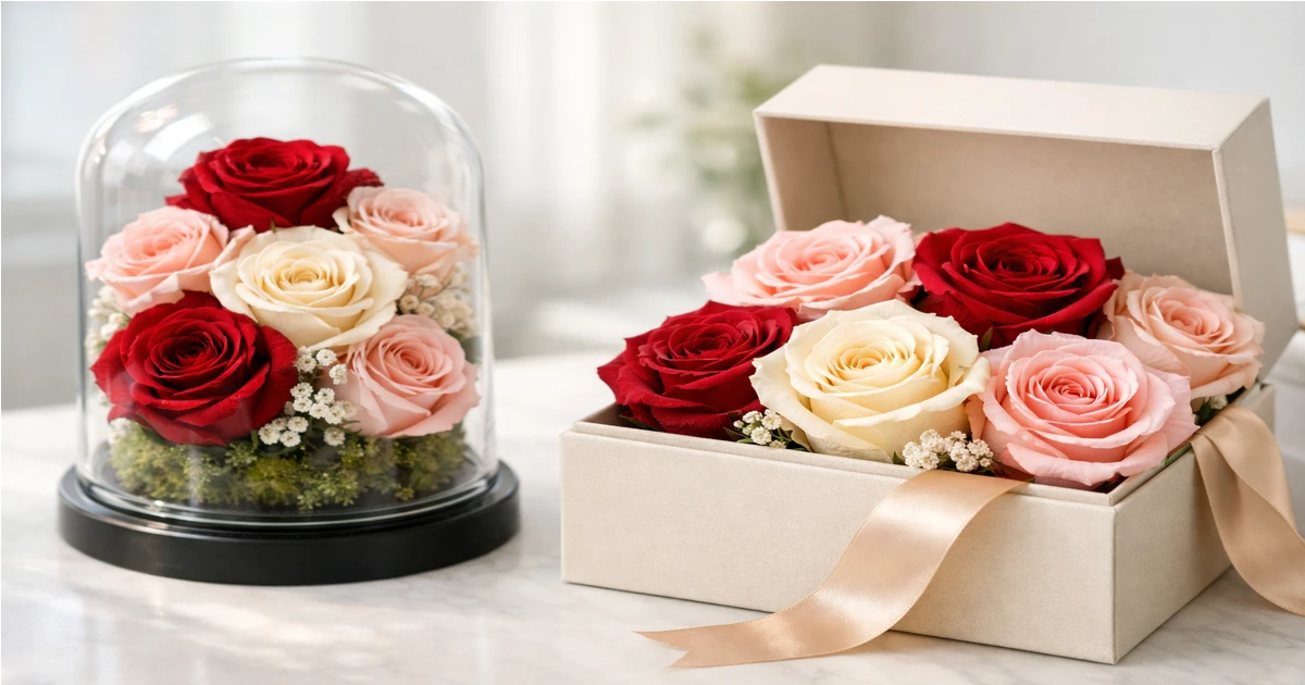 Preserved roses in red, cream, and pink displayed in a glass dome and a gift box with ribbon.