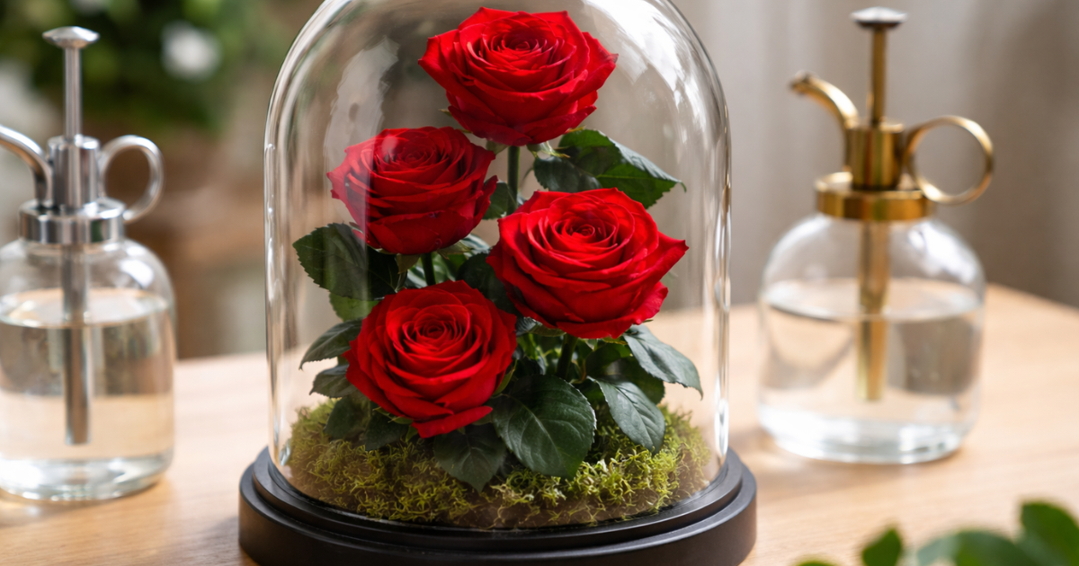 Four preserved red roses under a glass dome on a table with water misters nearby