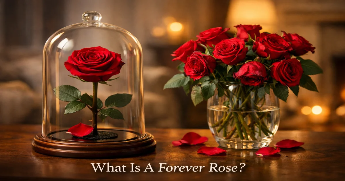Preserved forever rose in a glass dome next to fresh red roses in a vase, romantic setting.