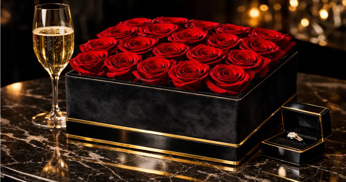 Luxury preserved red roses in black velvet box with gold accents, champagne glass and ring box on marble table
