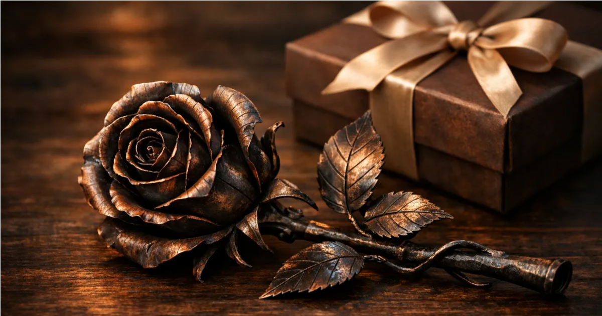 Metal rose flower gift with bronze finish beside a ribbon-wrapped gift box on wood table