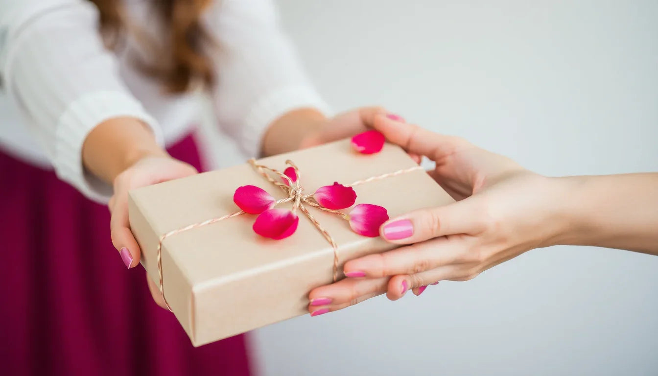 Woman receiving a wrapped gift with rose petals