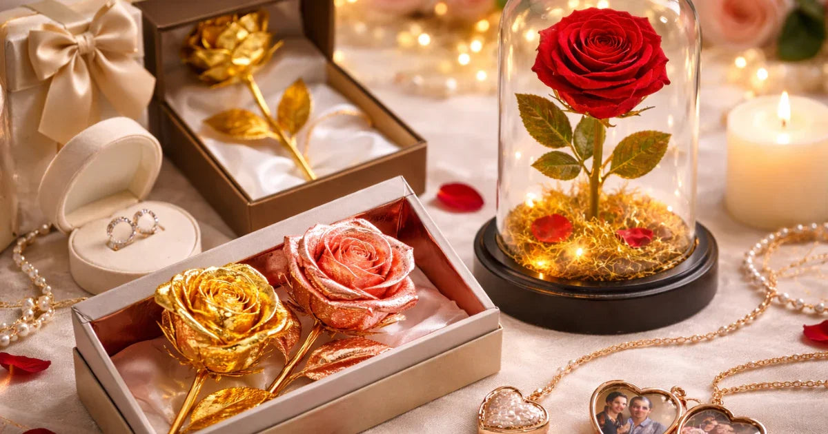 Preserved gold and rose gold roses in gift boxes, glass dome red rose, romantic gift setting