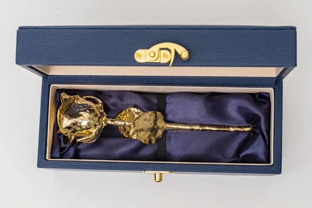 24K Gold Dipped Natural Rose 7" - Midnight Blue Real Leather Gift Box - Lovepicker