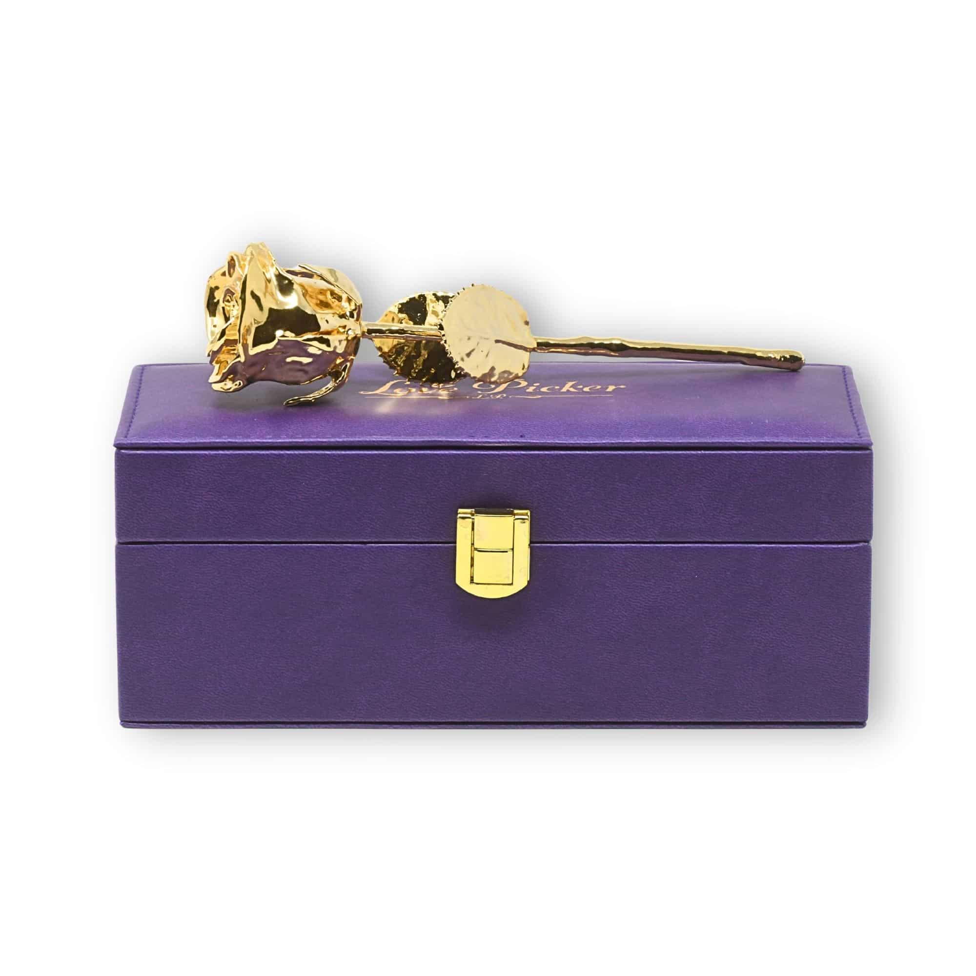 Gold rose in a purple box with LovePicker branding on a white background