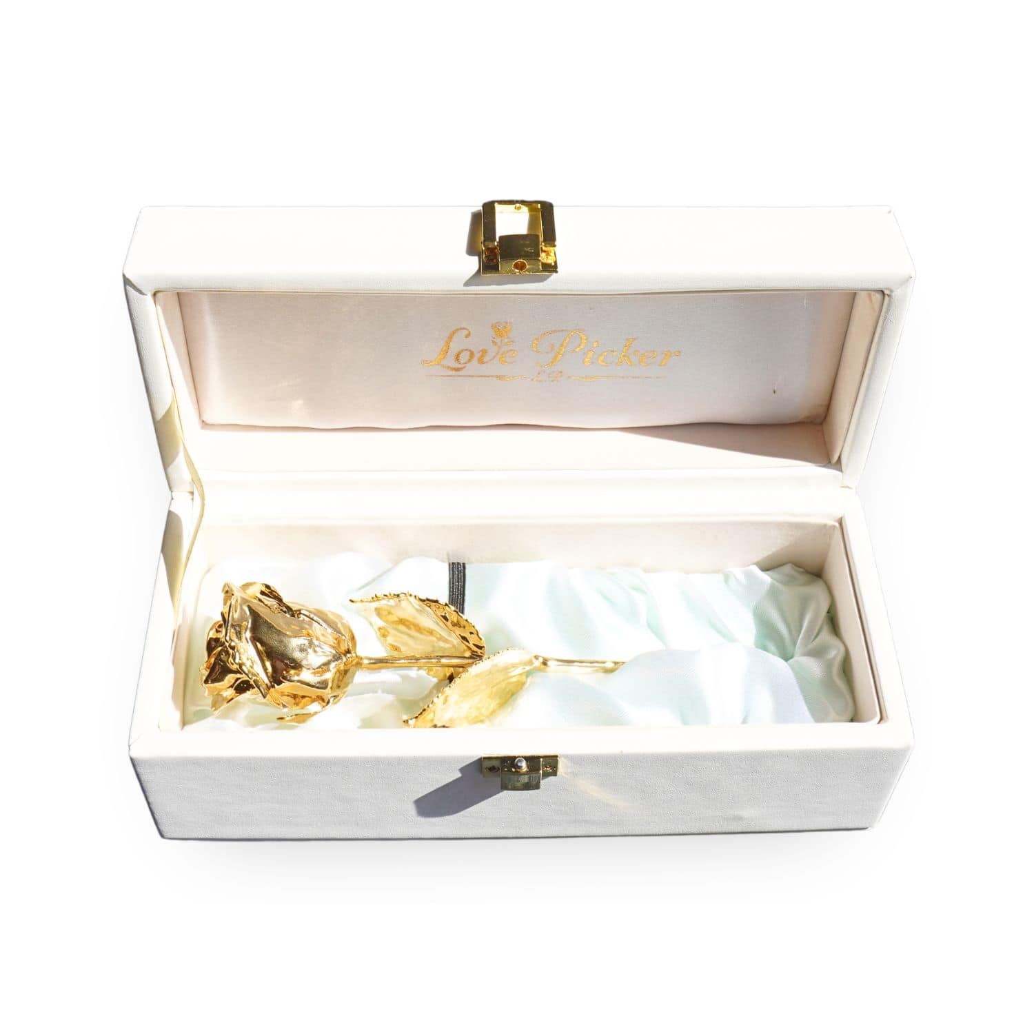 White vegan leather box with gold accents on a white background engraved plate