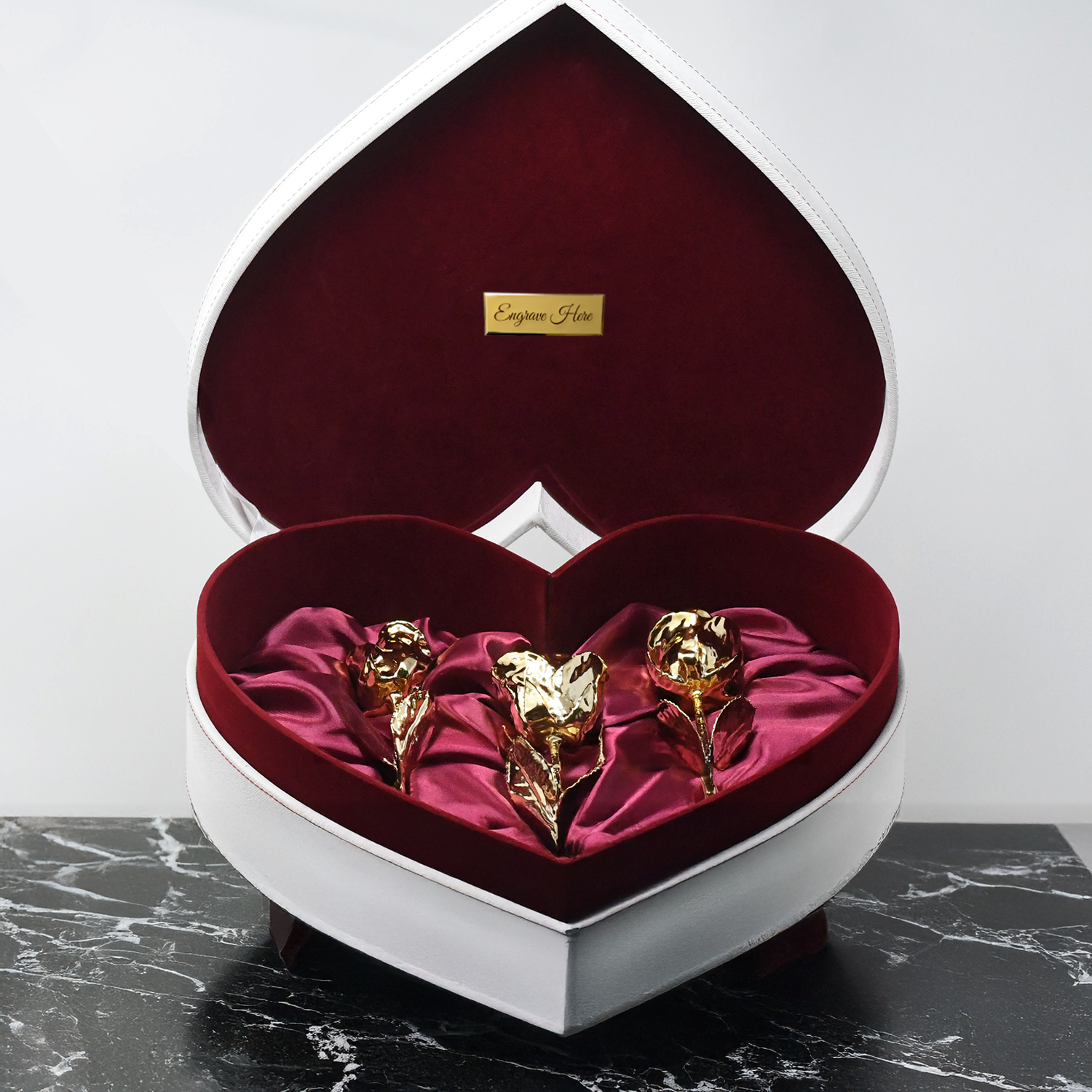 NEW - Engraved 3 Gold Dipped Roses 7" - Crimson Velvet Heart Shaped Leather Box