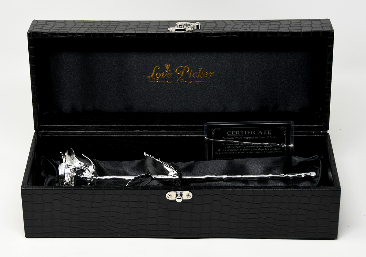 NEW Custom Engraved Box - Silver Dipped Rose 11.5" - Luxe Noir Gift Box