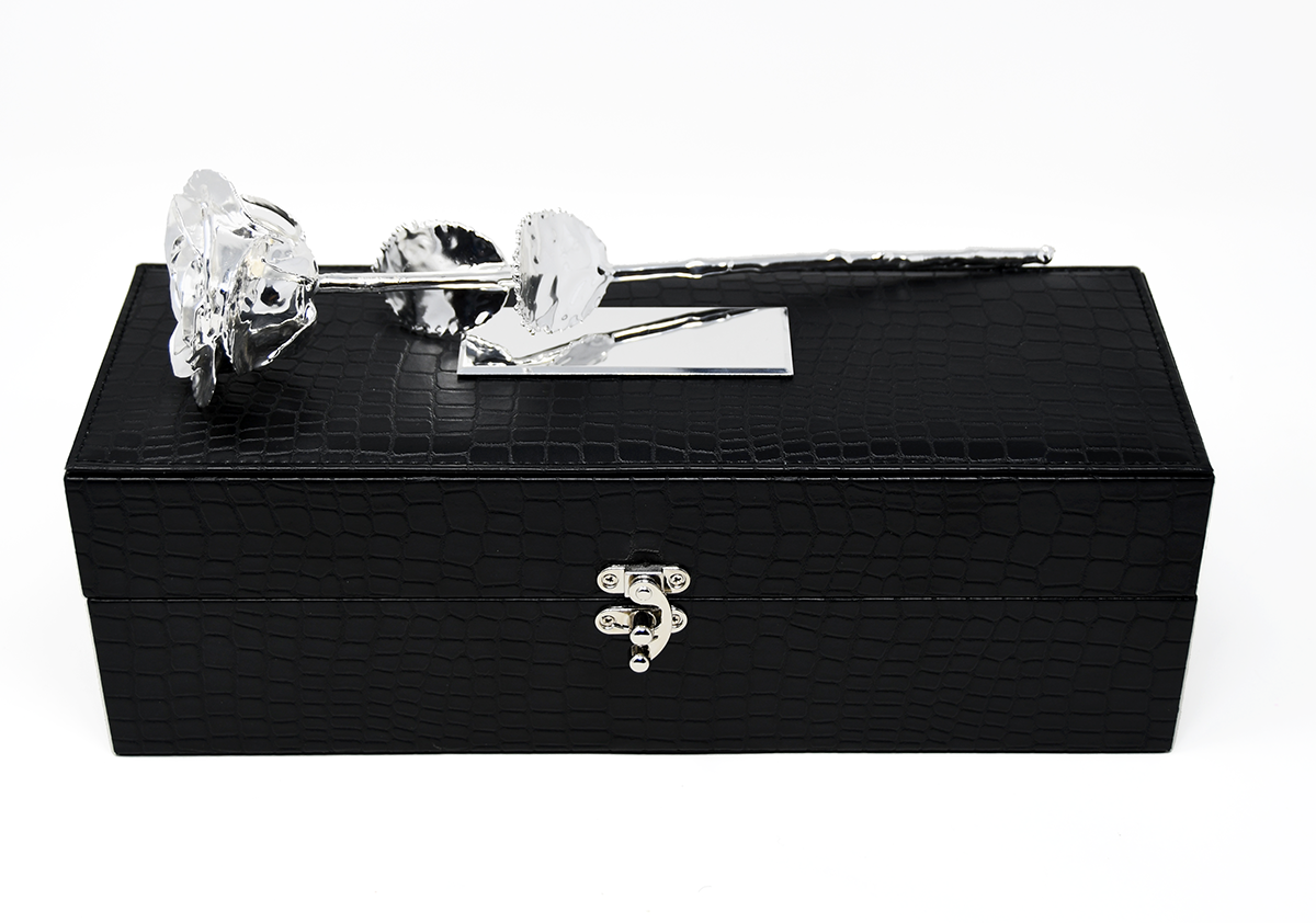 NEW Custom Engraved Box - Silver Dipped Rose 11.5" - Luxe Noir Gift Box