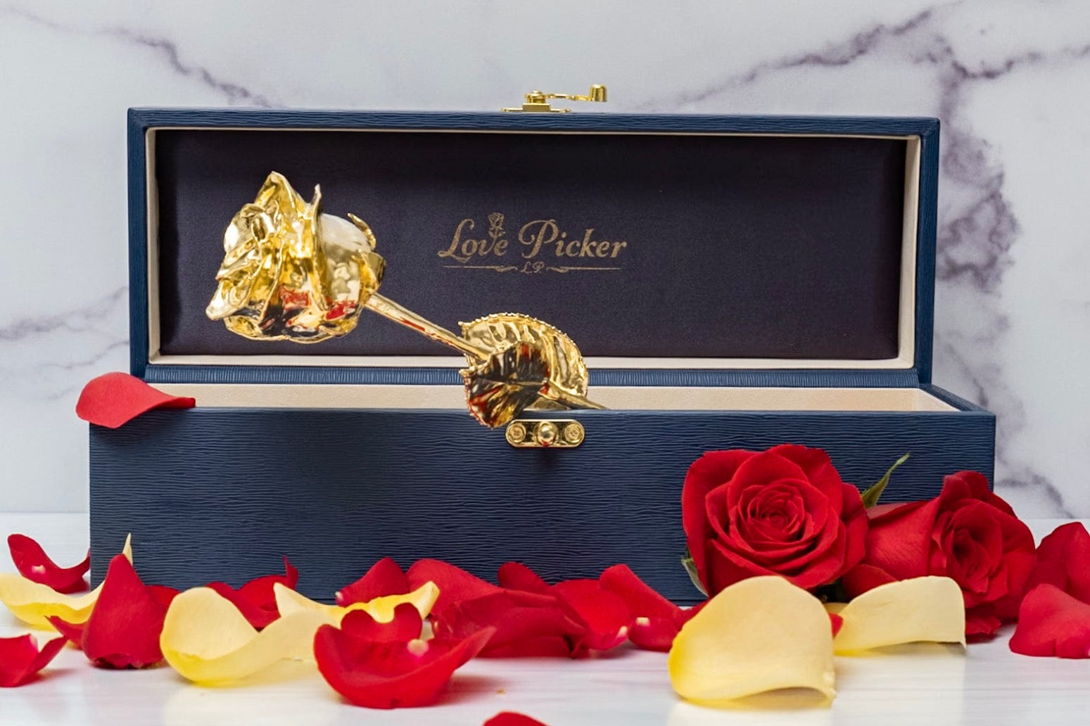 LovePicker Gold Dipped Rose 24K Gold Dipped Natural Rose 11.5" - Midnight Blue Gold Dipped Rose anniversary-birthday-wedding-gift Valentines-Day milestone-gifts luxury-custom-elegant