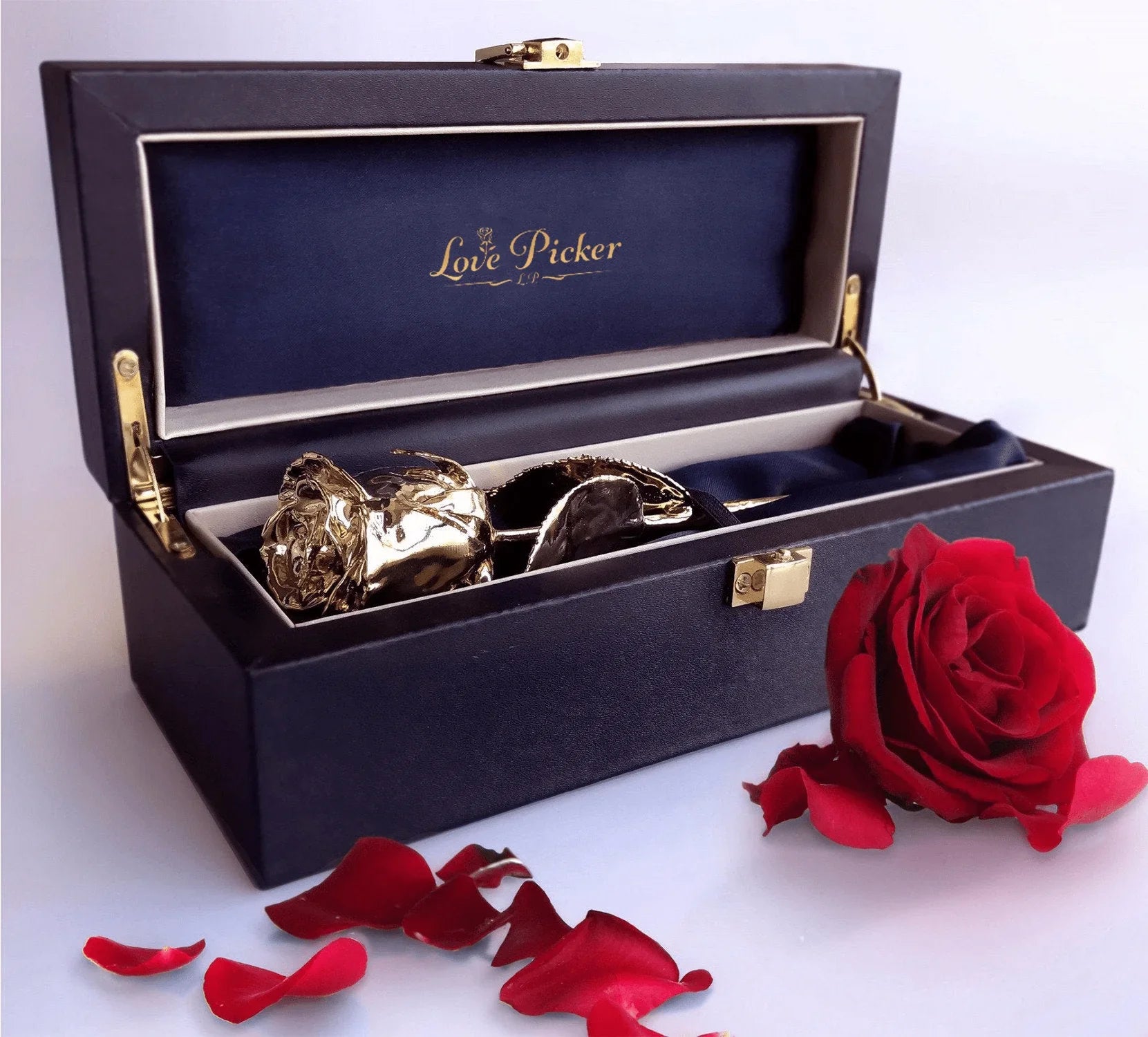 LovePicker Gold Dipped Rose 24K Gold Dipped Natural Rose 7" - Midnight Blue Real Leather Gift Box Gold Dipped Rose anniversary-birthday-wedding-gift Valentines-Day milestone-gifts luxury-custom-elegant