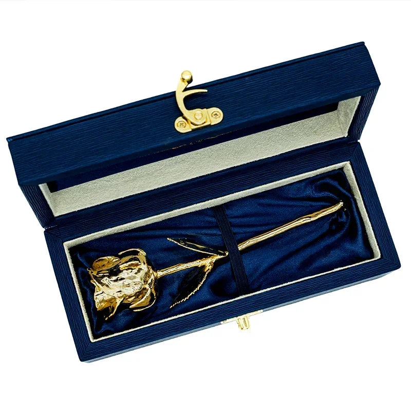 Lovepicker Gold Rose Custom Engraved Box - 24K Gold Dipped Natural Rose 7" - Midnight Blue Genuine Leather Gold Dipped Rose anniversary-birthday-wedding-gift Valentines-Day milestone-gifts luxury-custom-elegant