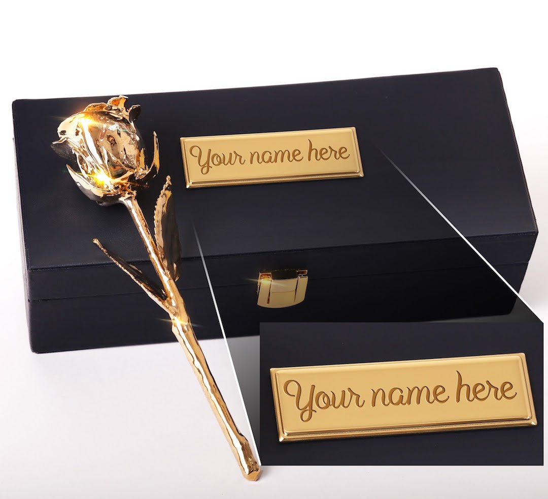Custom Engraved Box "Your Name Here" example - 24 Karat Gold Dipped Natural Rose 7" - Lovepicker