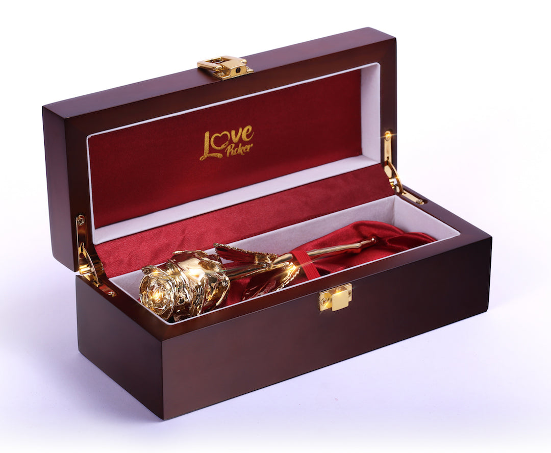 Custom Engraved Wooden Box - 24 Karat Gold Dipped Natural Rose 7" with Red Silk Inside - Lovepicker
