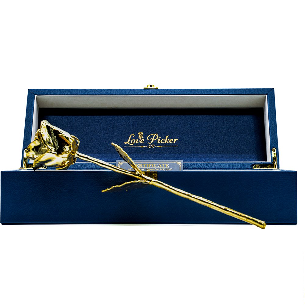 Custom Engraved Box 24K Gold Dipped Natural Rose 11.5" - Midnight Blue - Lovepicker