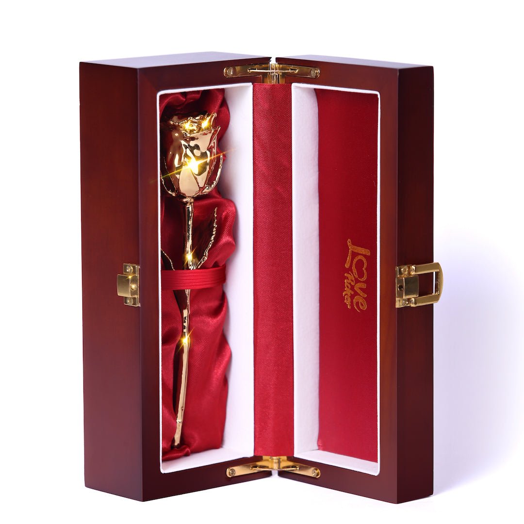Custom Engraved Wooden Box - 24K Gold Dipped Rose 7" - Lovepicker