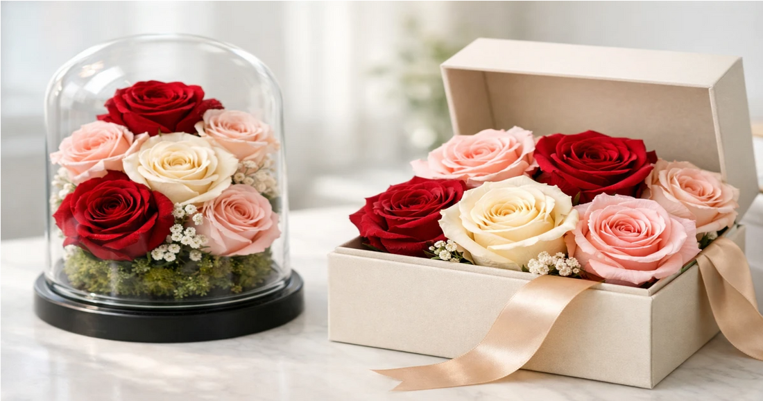 Preserved roses in red, cream, and pink displayed in a glass dome and a gift box with ribbon.