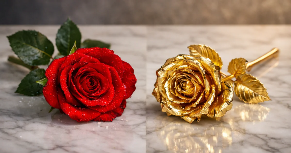 Real red rose with water droplets beside preserved 24K gold-dipped rose on marble surface