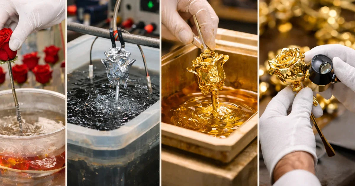 Step-by-step process of creating gold-plated roses, from real flower to final gold finish