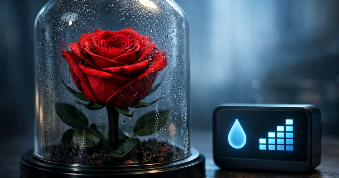 Red preserved rose under glass dome with humidity meter showing moisture levels