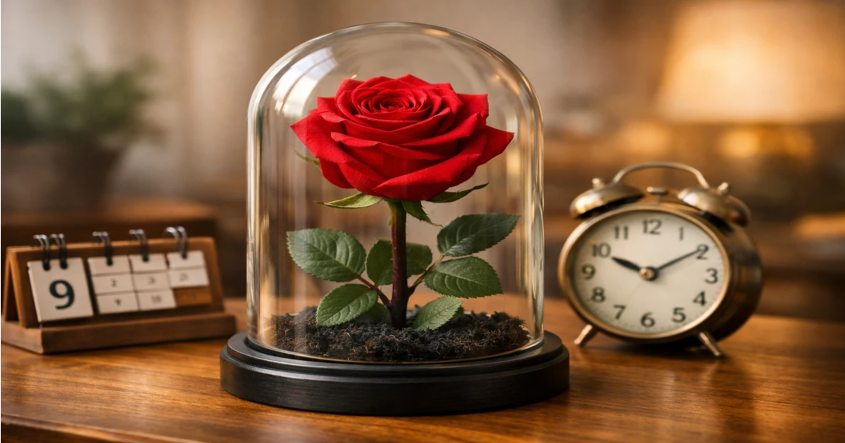 Preserved red rose under glass dome on wooden table with clock and calendar