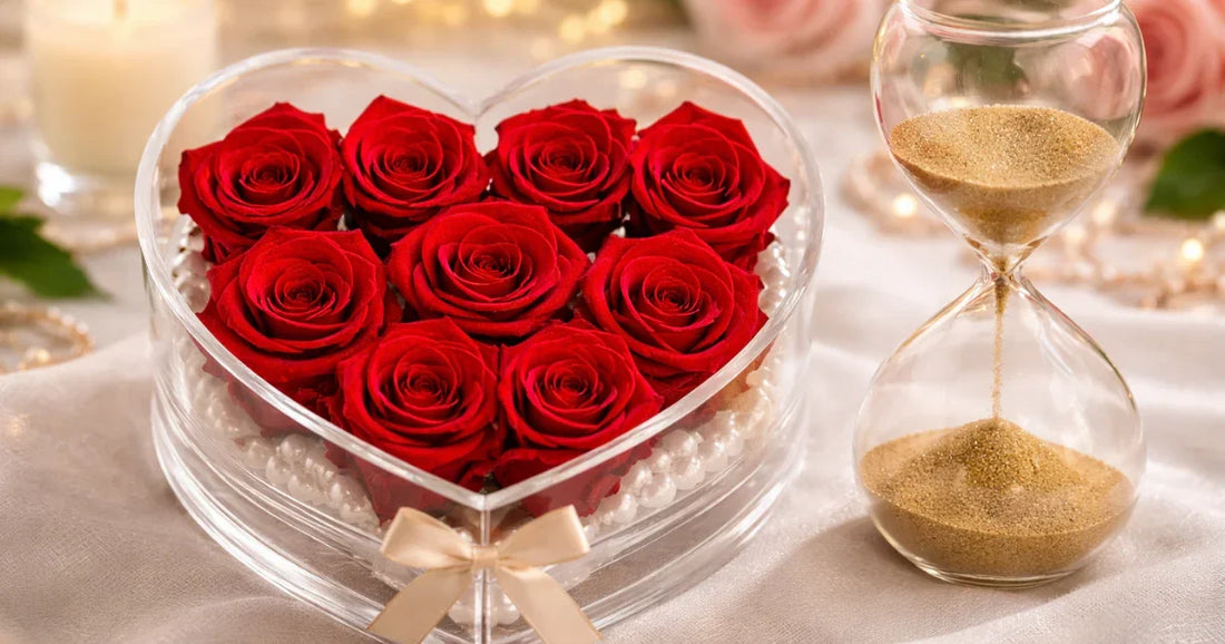 Heart-shaped box of preserved red roses with pearls and sand hourglass on elegant table.