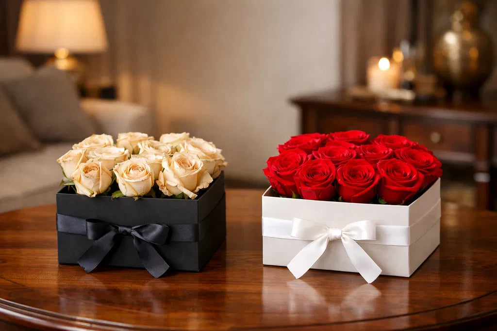 Boxed preserved roses in black and white gift boxes on a wooden table, elegant home decor.
