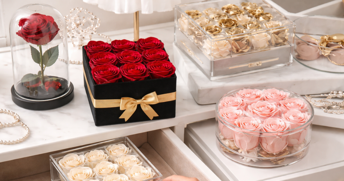 Luxury preserved rose gifts in decorative boxes, showcased on a marble surface