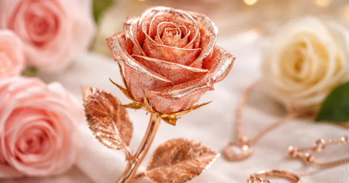 Preserved rose gold dipped rose with glitter, surrounded by soft pink and white roses