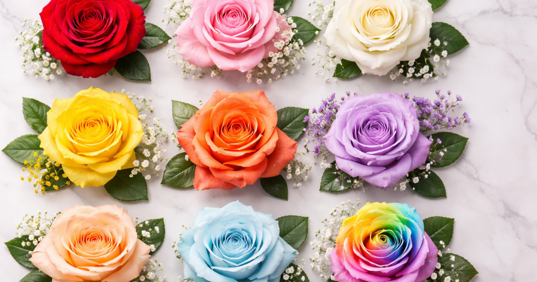 Nine assorted color roses including red, pink, yellow, orange, blue, rainbow, and purple on marble background