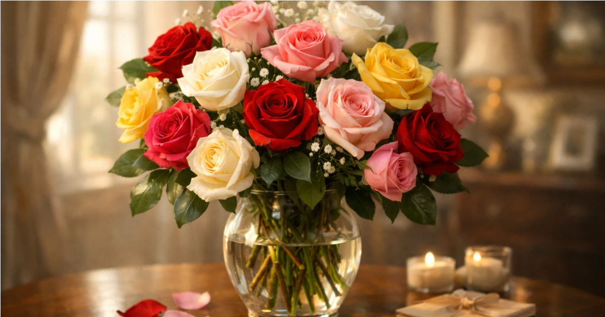 Bouquet of red, pink, yellow, and white roses in glass vase with candles on wooden table