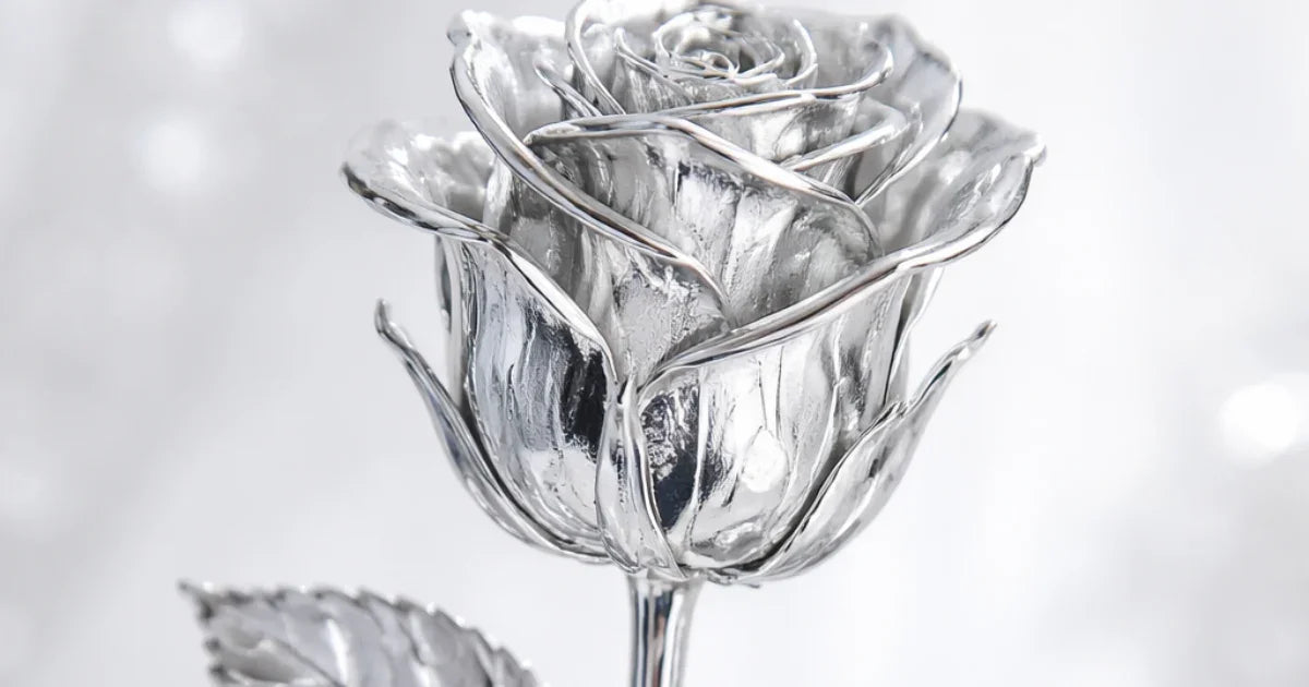 Close-up of a real preserved rose plated in shiny silver with detailed petals