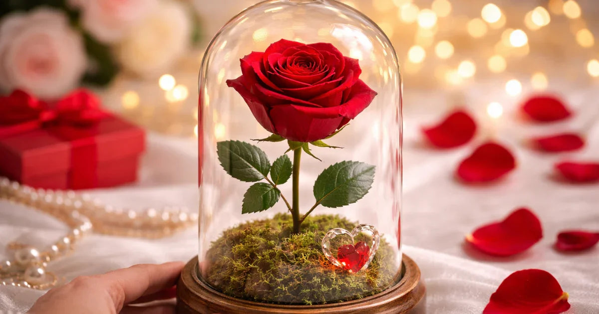 Preserved red rose in glass dome, romantic gift with heart ornament and rose petals