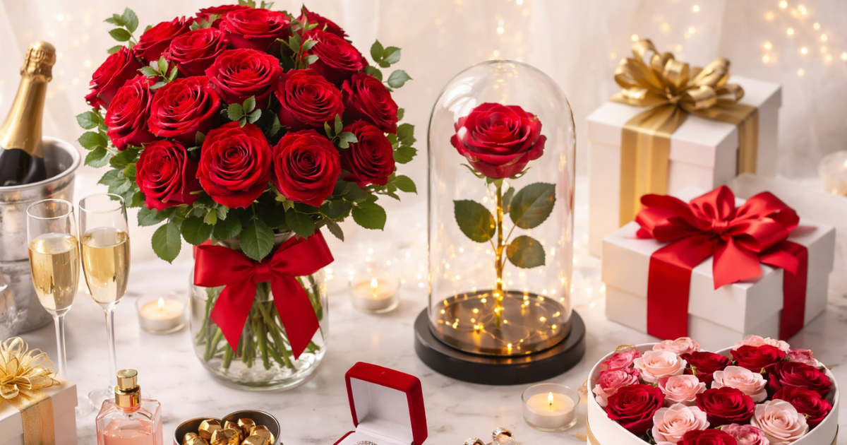Red preserved roses in a glass dome with fairy lights, gift boxes, and romantic decor.