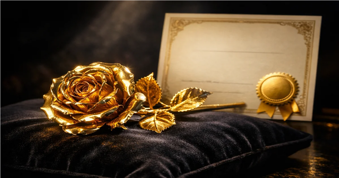 24K gold dipped real rose with authenticity certificate on velvet cushion, luxury gift