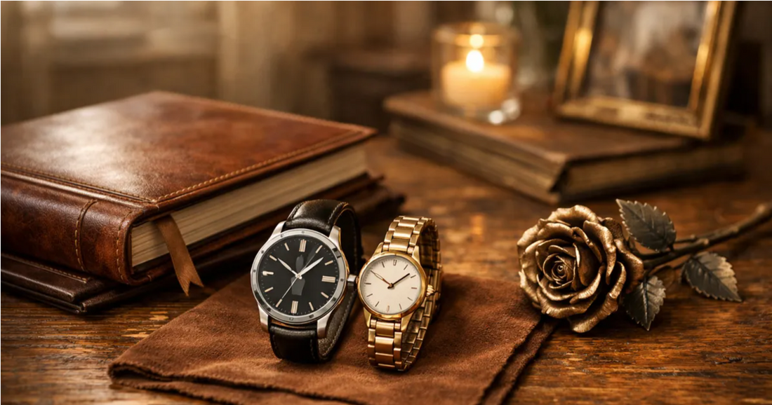 Gold preserved rose and two elegant wristwatches on vintage wooden table, romantic gift scene