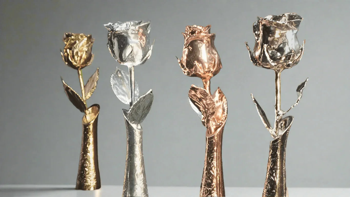 Four metallic preserved roses in gold, silver, and rose gold standing in matching vases