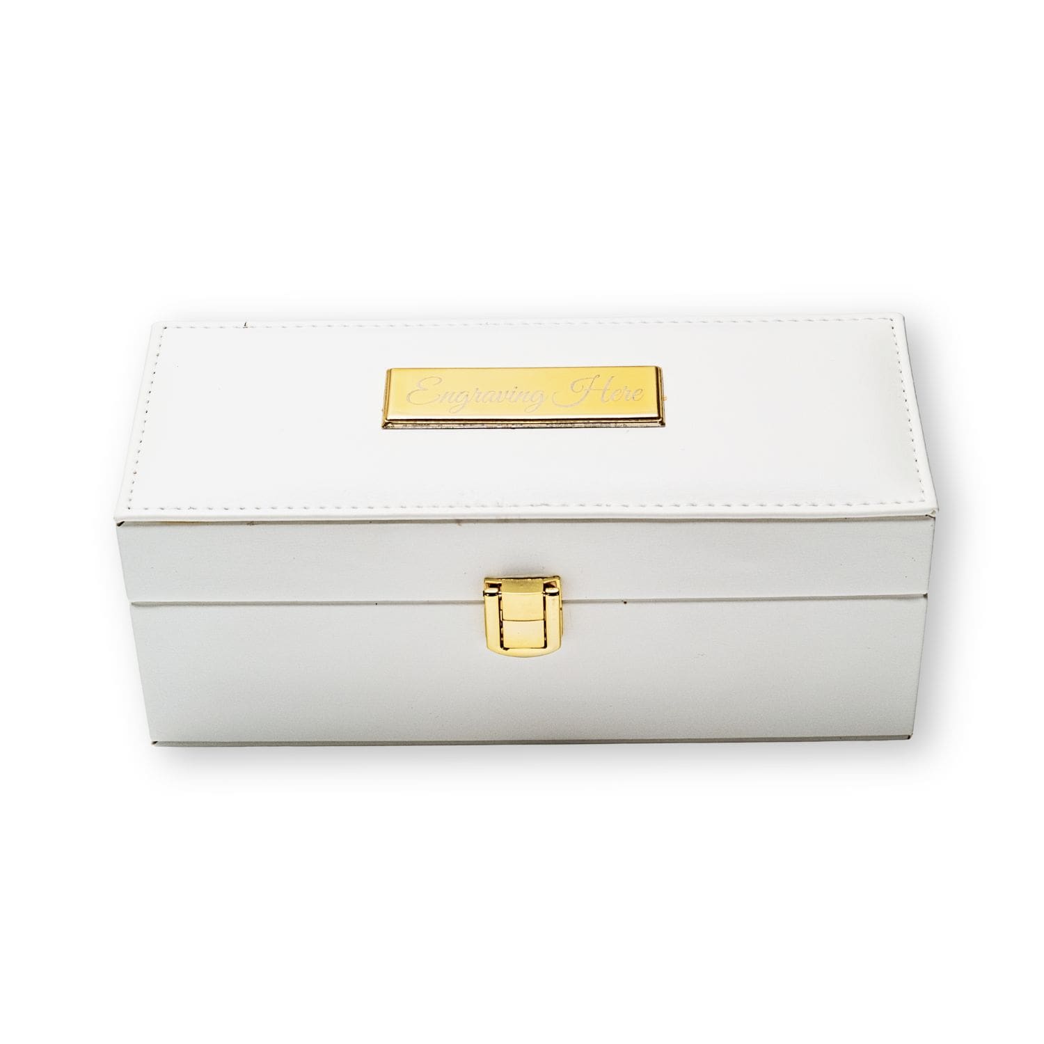 White vegan leather box with gold accents on a white background engraved plate