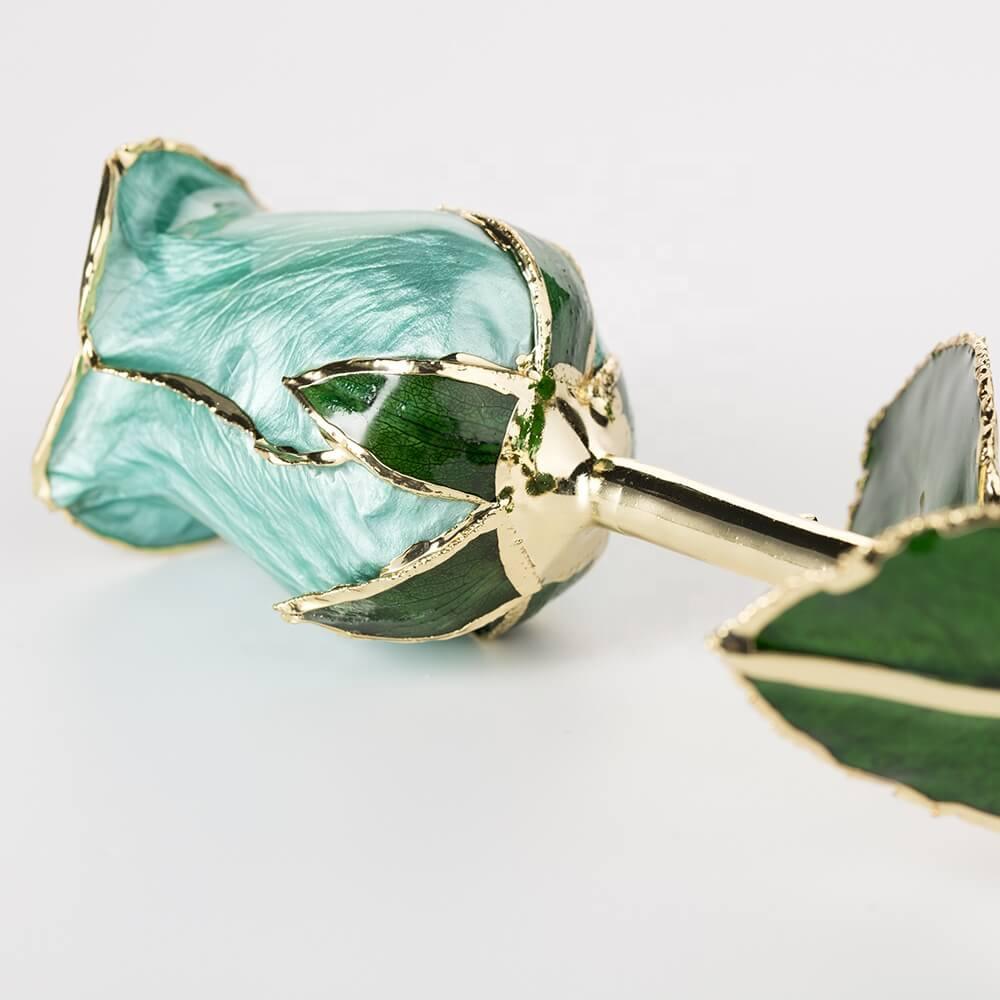Tiffany teal 11.5-inch closed bud preserved rose with 24K gold accents, bloom close-up