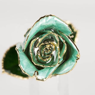 Tiffany teal 11.5-inch closed bud preserved rose with 24K gold accents, close-up bloom view
