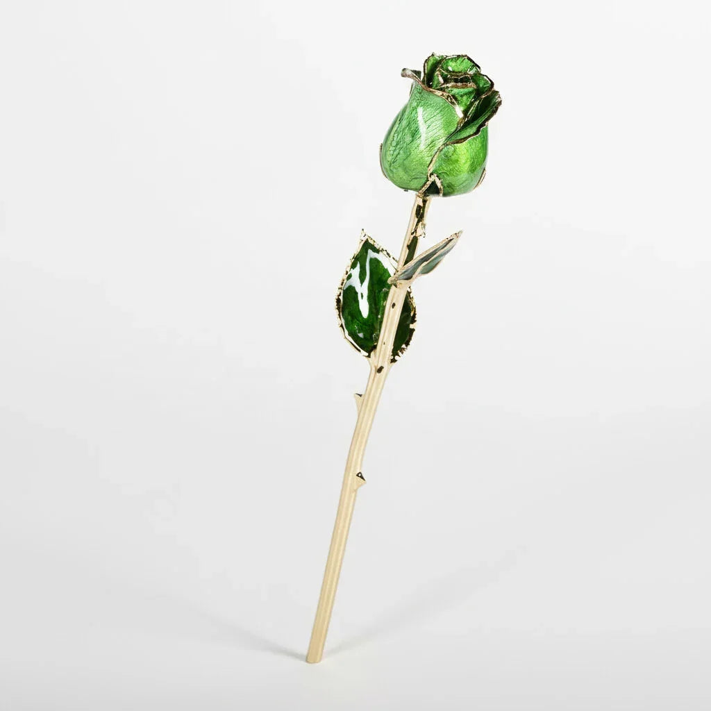Emerald green 11.5-inch closed bud preserved rose with 24K gold accents, bloom close-up