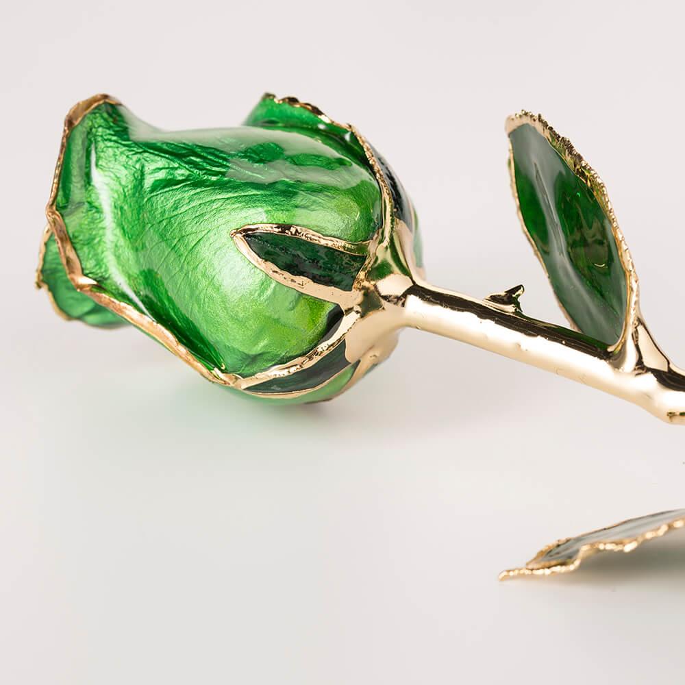 Emerald green 11.5-inch closed bud preserved rose with 24K gold accents, bloom close-up