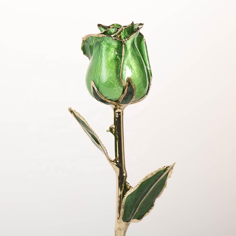 Emerald green 11.5-inch closed bud preserved rose with 24K gold accents, bloom close-up