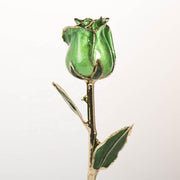 Emerald green 11.5-inch closed bud preserved rose with 24K gold accents, bloom close-up