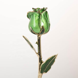 Emerald green 11.5-inch closed bud preserved rose with 24K gold accents, bloom close-up