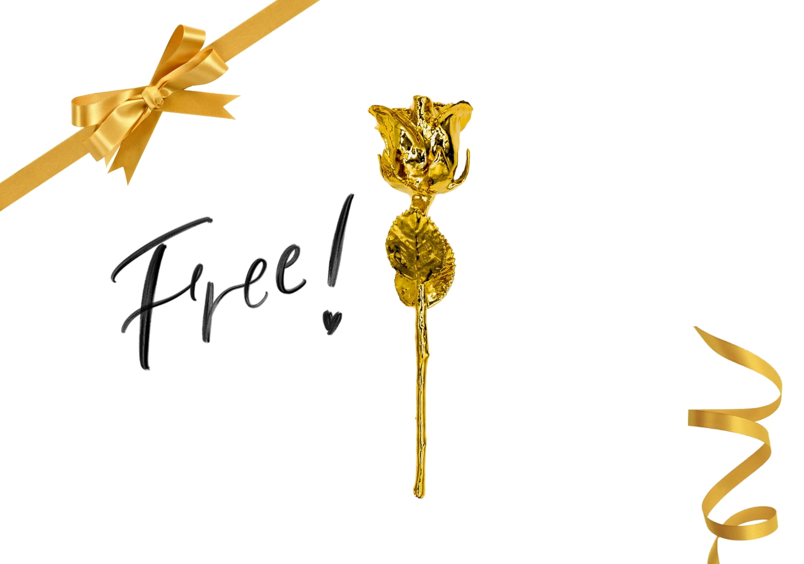 24K Gold Electroplated Rose with ribbons and 'Free!' text on a white background