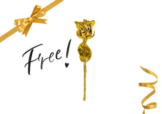 24K Gold Electroplated Rose with ribbons and 'Free!' text on a white background