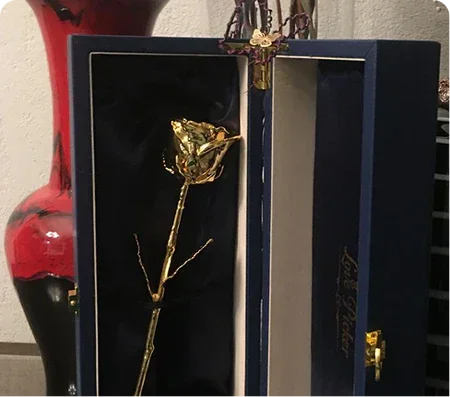 24K gold dipped rose in royal navy luxury vegan leather box, perfect for anniversary or Valentine’s Day