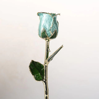 Tiffany teal 11.5-inch closed bud preserved rose with 24K gold accents, bloom close-up